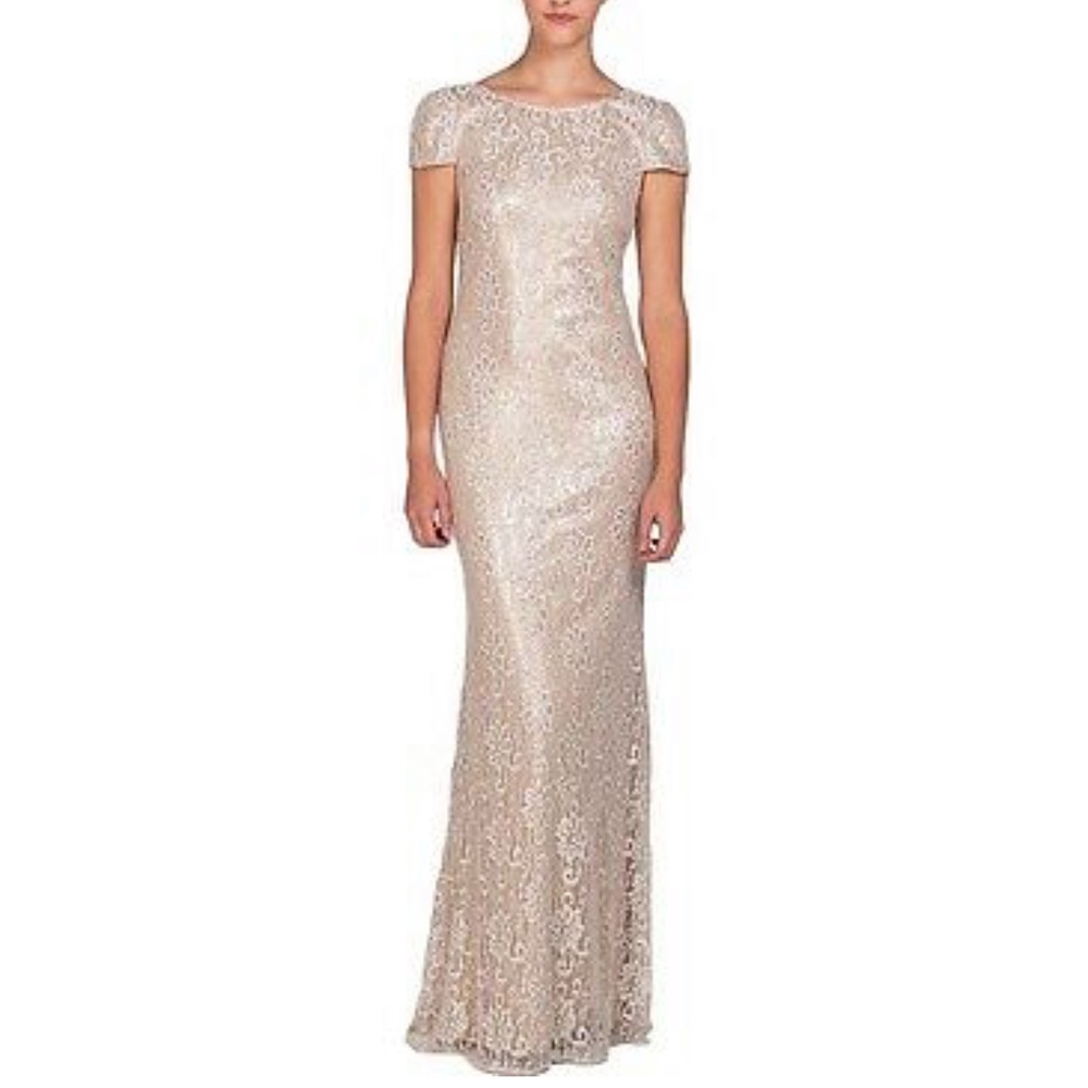 Badgley Mischka Blush Lace Sequin Scoop back Gown